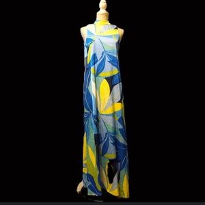 Nicole Miller Blue and Green Tropical Print Satin Maxi Dress Women’s XL